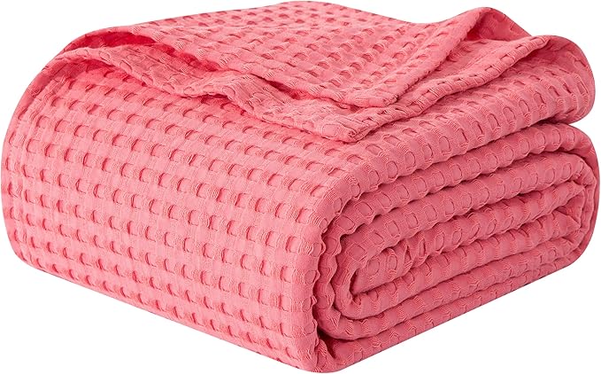 Elegant Comfort Premium 100% Cotton Waffle Blanket - Lightweight Breathable Waffle Weave Bed Blanket - Soft and Warm All Season Blanket for Couch, Sofa and Bed, Queen Size 90x90 Inches, Coral
