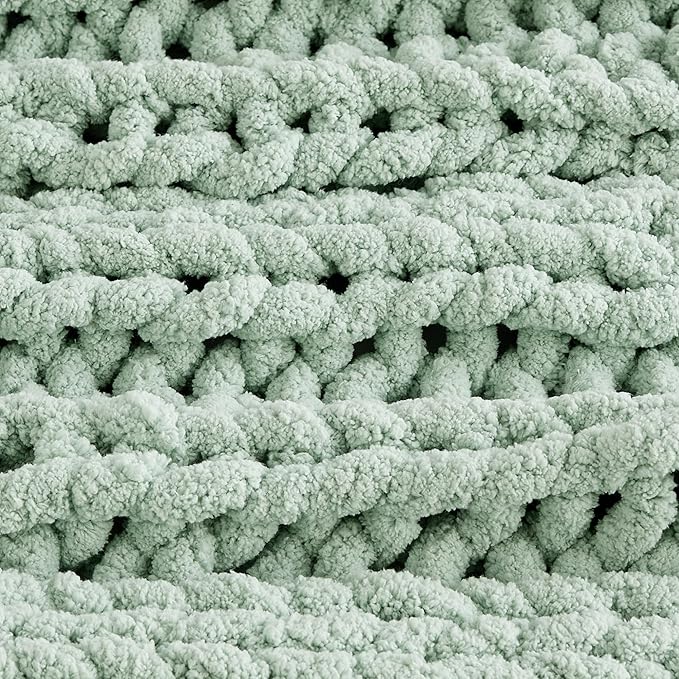 Bedsure Chunky Knit Throw Blanket for Couch - 100% Hand Knitted, 5.06 lbs GentleSoft Blanket with Giant Chenille Yarn for Bed Living Room Home Decor, Thick and Cozy, Sage Green, 50x60 Inches