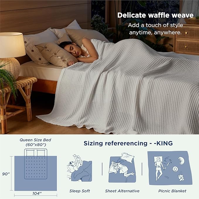 Bedsure Gentlesoft 100% Cotton Blanket King Size for Bed - Cooling Breathable and Soft for Spring Summer, Thick Cozy Waffle Weave Blanket Gifts for Women, White, 104x90 inches
