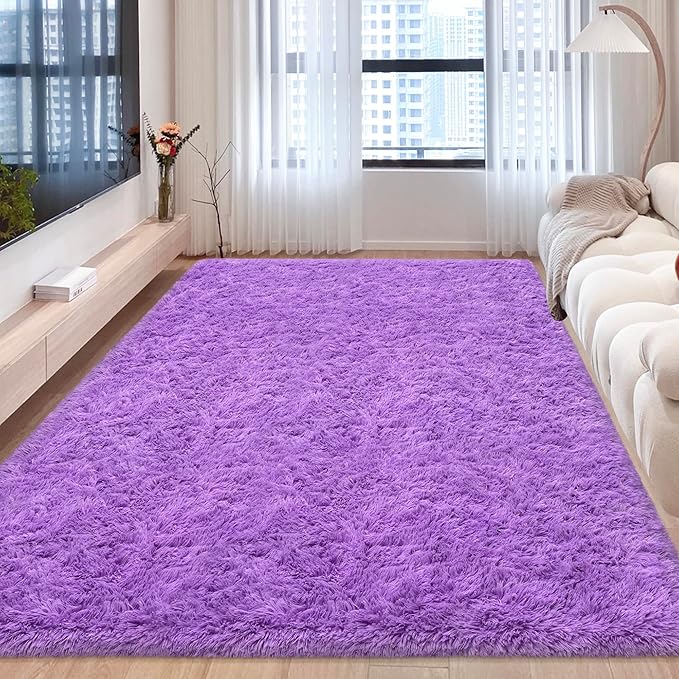 Fluffy Rugs for Living Room 6x9 Purple Shaggy Rug for Bedroom Girls Non Slip Modern Indoor Furry Floor Carpet Washable Plush Fuzzy Kids Carpet for Nursery Teen Dorm Room