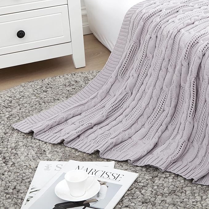 Aormenzy Cable Knit Throw Blankets 60 x 80 Inches, Soft Cozy and Lightweight Knitted Blanket, Machine Washable Acrylic Blanket, Decorative Throw Blanket for Couch Sofa Bed, Light Grey Purple