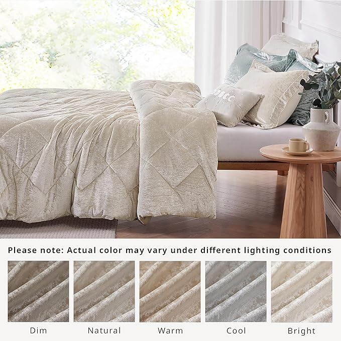 Intelligent Design Velvet Comforters King Bedding Reversible, All Season, Diamond Quilted Bedding Microfiber Comforters, Felicia, King/Cal King, Champagne 4 Piece