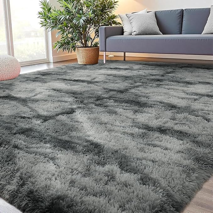 junovo 4x6 Fluffy Shaggy Area Rugs - Ultra Soft Washable High Pile Bedroom Rug for Kids, Living Room, Nursery & Dorm - Non-Slip Floor Carpet, Grey Aesthetic Home Decor