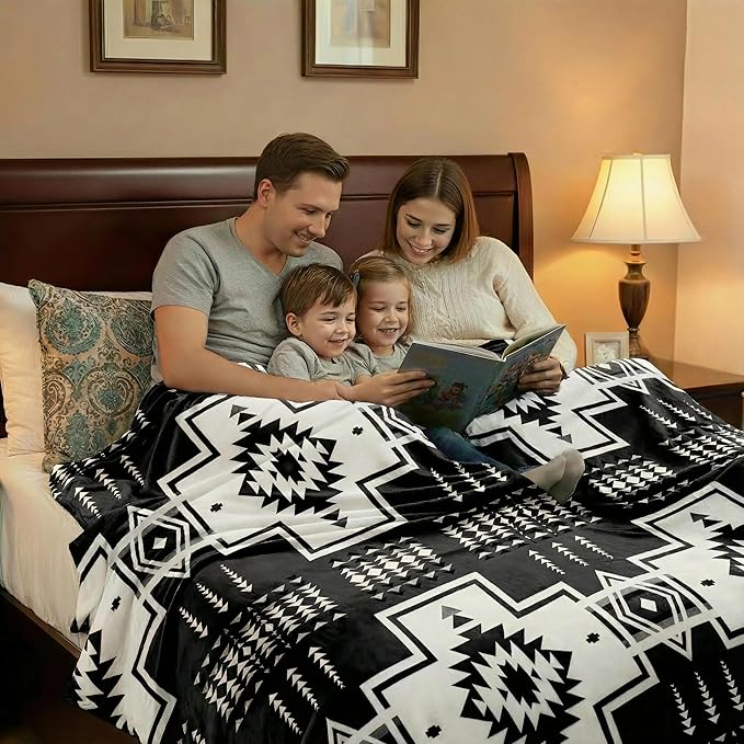 Fleece Blanket Full/Queen - 80x90 Inch Lightweight & Buttery-Soft Throw for Bed, Sofa, Camping | 300GSM Cloud-Touch Microfiber | Cozy Essentials for Travel & Movie Nights, (Boho Black&White)