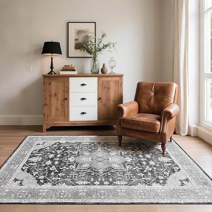 CRYPTOLITE Living Room Rug 7x10, Machine Washable Area Rug Non Slip Low Pile Vintage Rug for Living Room, Bedroom, Farmhouse, Dining Room, Kids Playroom, Grey