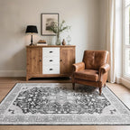CRYPTOLITE Living Room Rug 7x10, Machine Washable Area Rug Non Slip Low Pile Vintage Rug for Living Room, Bedroom, Farmhouse, Dining Room, Kids Playroom, Grey