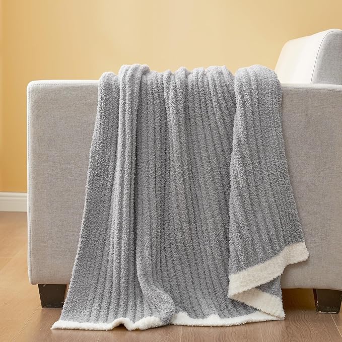 Snuggle Sac Fluffy Grey Blanket Twin Size, Soft Luxurious Knit Fuzzy Microfiber Blankets for Couch, Sofa, Bed, Grey, 60x80 inches