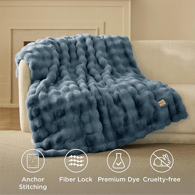 Bedsure GentleSoft Fluffy Fuzzy Greyish Blue Throw Blanket, Soft Cozy Fleece Faux Fur Blanket for Couch, Blue Room Decor Minky Velvet Bed Cover, Thick Warm Plush Birthday Gifts for Women Men Over 60