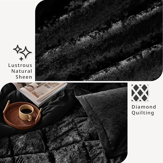 Intelligent Design King Comforter Set, Velvet Comforter Set , Luxury Diamond Quilting Comforter Set, Fluffy Comforter Bed Set with Decorative Pillowand 2 Shams, 4 Piece Black, King/ Cal King