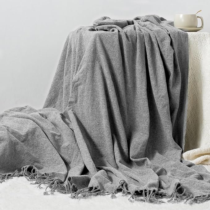 Chenille Throw Blanket for Couch with Tassels,55"X75" Soft Lightweight Knitted Boho Decorative Blankets for Bed and Sofa,Light Grey