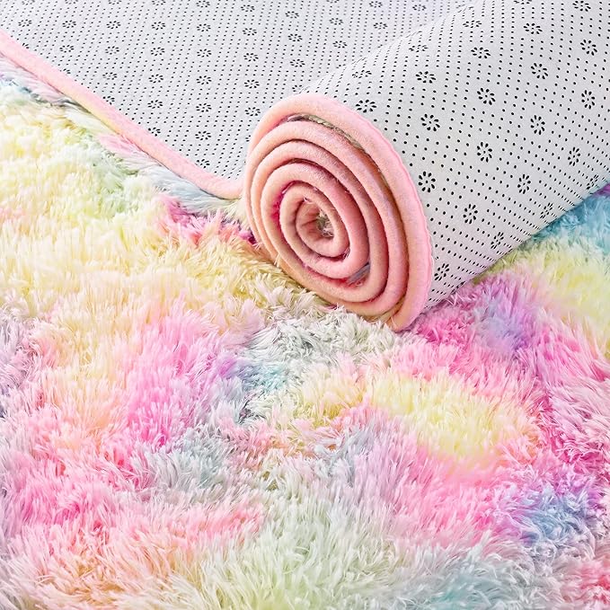 ISEAU Rainbow Rug for Living Bedroom, 5 x 8 Feet Fluffy Area Rugs for Bedroom, Ultra Kawaii Abstract Shaggy Colorful Carpet, Fuzzy Cute Rug for Kids Girl Room Decor