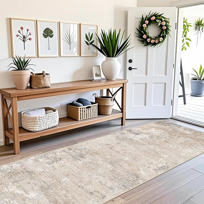 3x10 ft Washable Hallway Runner Rug – Non-Slip Long Carpet Runner for Kitchen, Indoor Entryway & Bathroom, Modern Neutral Low Pile Wide Floor Mat (Beige Grey,3x10)