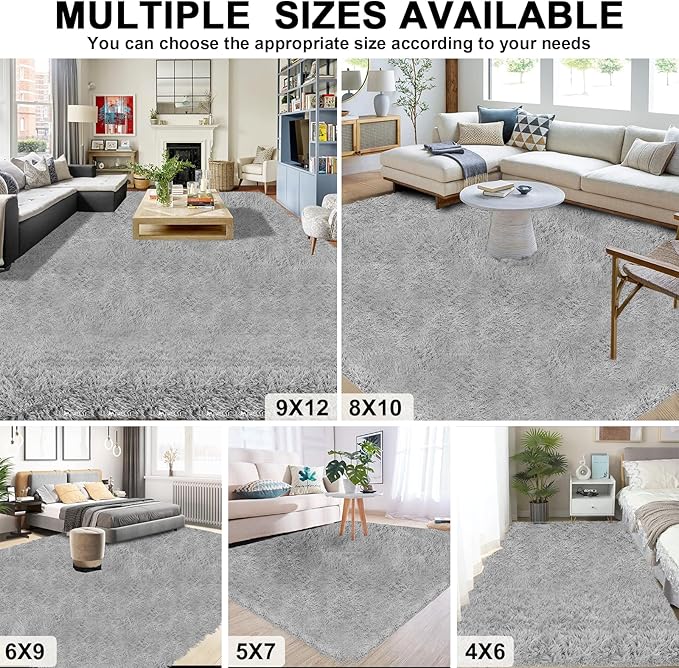 Large Shag Area Rugs 6x9 Feet, Plush Fuzzy Shaggy Rug for Living Room, Ultra Soft Fluffy Furry Rugs for Bedroom, Indoor Thick Carpet Nursery Rugs for Kids Girls Boys Dorm Room Home Decor, Light Grey