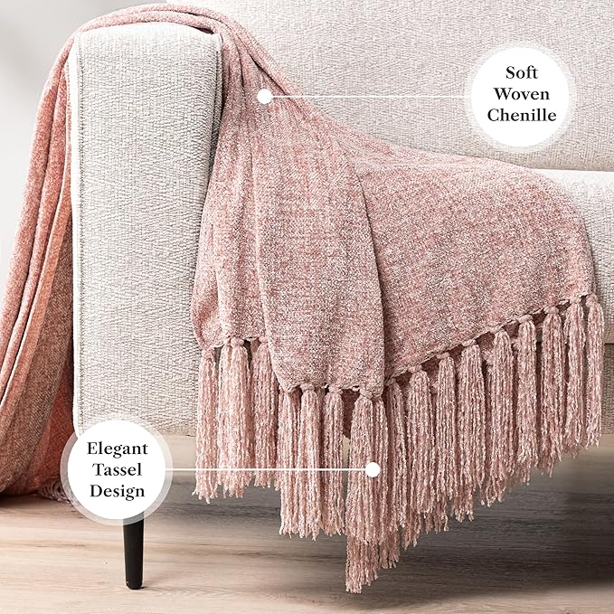 Pavilia Blush Pink Chenille Throw Blanket for Couch & Bed, Soft Knit Woven with Tassels, Textured for Living Room, 60x80