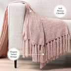 Pavilia Blush Pink Chenille Throw Blanket for Couch & Bed, Soft Knit Woven with Tassels, Textured for Living Room, 60x80