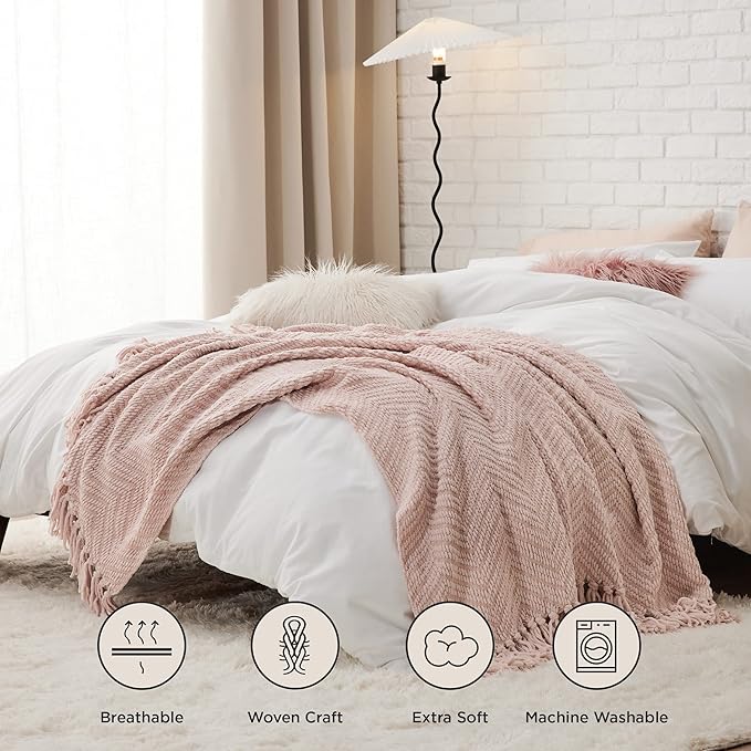 Bedsure Spring Throw Blankets for Couch - Textured Knit Woven Chenille Blanket - Super Soft, Warm Decorative Boho Throw with Tassels for Bed, Sofa and Living Room, Light Pink, 50x60 Inches