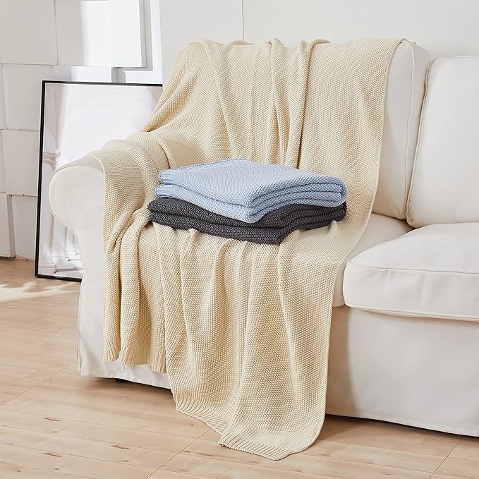Longhui bedding Cream Cotton Cable Knit Throw Blanket for Couch Sofa Bed, Home Decorative Throw Blanket for Couch, Lightweight Woven Throw Blankets with Bonus Laundering Bag, 3.4 Pounds 60 x 80 Beige