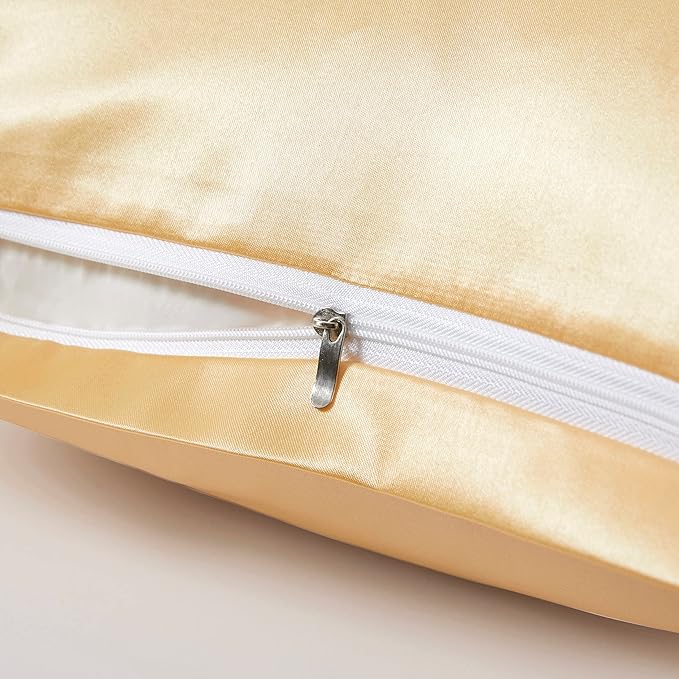 Satin Pillowcases with Zipper （20x30）,Queen Size Pillowcases Set of 2, Gold Silk Pillowcase for Hair and Skin