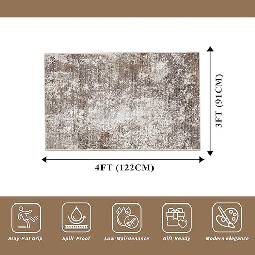 3x4 Washable Entryway Rug – Non-Slip Modern Abstract Small Area Rug for Kitchen, Bedroom, Bathroom – Soft Low-Pile Thin Indoor Door Mat (Brown Beige, 3x4)