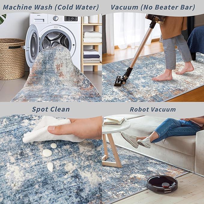 2x6 Non-Slip Washable Kitchen Runner Rug – Modern Abstract Carpet Runner for Hallway Bedroom Bathroom Laundry Room Entryway – Low-Pile Thin Rubber Backed（Blue Rust,2x6）