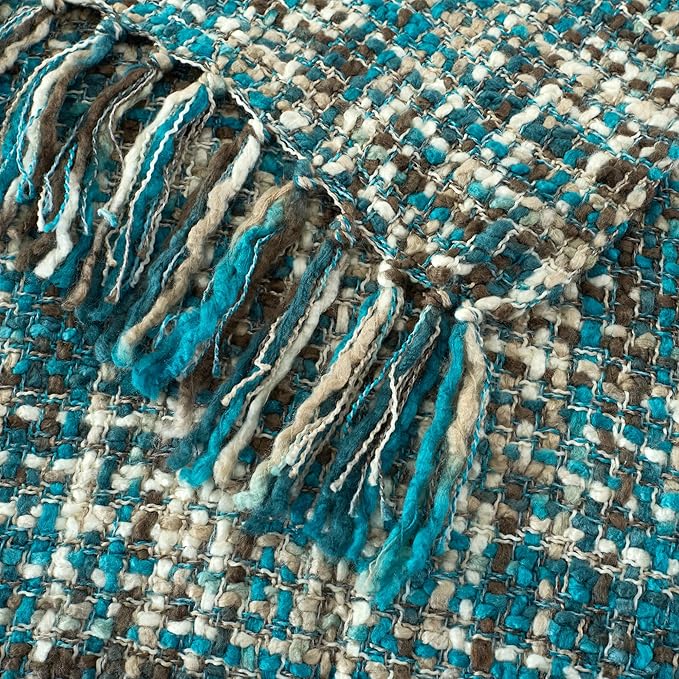 Multi-Color Teal Cable Woven Throw Blanket for Couch,50"X60" Boho Style Textured Blankets for Home Decor,Super Soft Warm Cozy Chunky Blanket with Decorative Tassels for Bed and Sofa