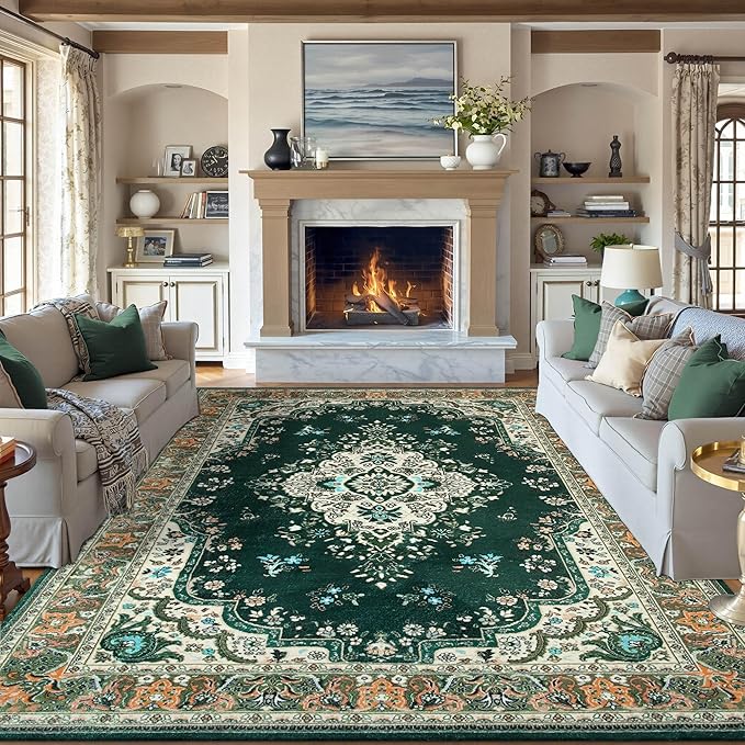 CRYPTOLITE 9x11 Area Rug for Living Room, Modern Washable Rug Non Slip Low Pile Large Area Rugs for Living Room, Bedroom, Farmhouse, Dining Room,Green