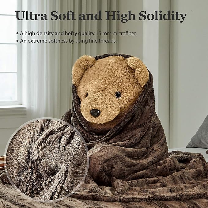 MHD l [Made in Korea] Premium Faux Fur Throw Blanket :Luxury Double-Sided 15mm Microfiber Blanket, 800 GSM :Dark Brown, 60" x 79"