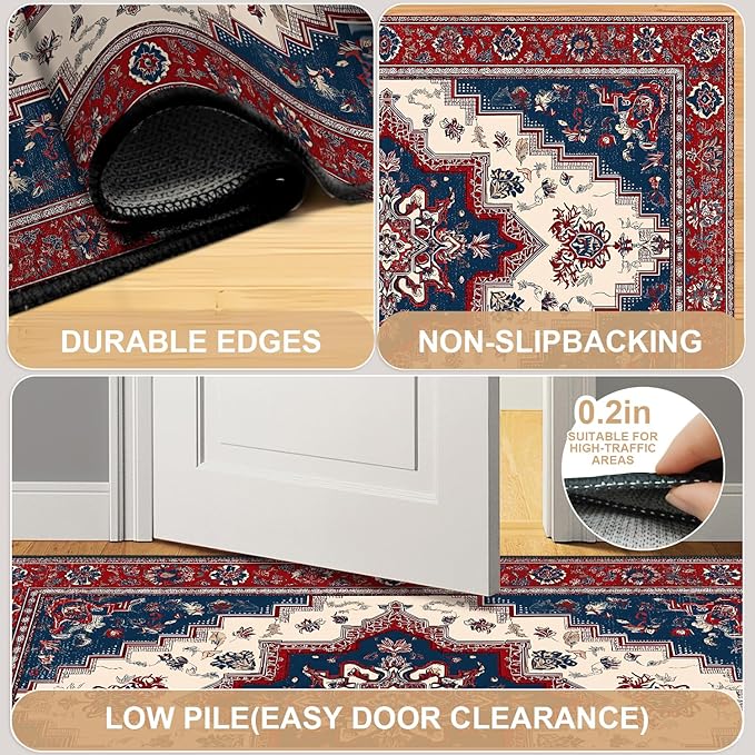 Area Rug 2x3 ft Entry Rug Washable Boho Rugs Non Slip Rubber Backing Low Pile Floral Door Mat Small Carpet for Bedroom, Bedside, Kids Room