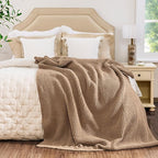 Waffle Knit Blanket Twin Size, Luxury Cozy Chunky Knit Blanket for Couch, 60 x 80 Inch Thick Ultra-Soft Feather Yarn Knitted Blankets for Sofa, Bed, Home Decor - Beige