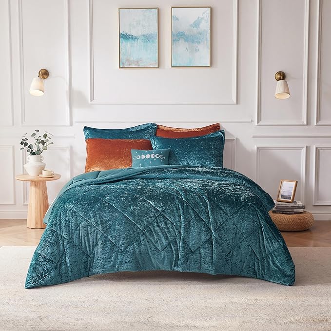 Intelligent Design Twin Comforter Set, Velvet Comforter Set , Luxury Diamond Quilting Comforter Set, Fluffy Comforter Bed Set with Decorative Pillowand 1 Sham, 3 Piece Teal, Twin/Twin XL