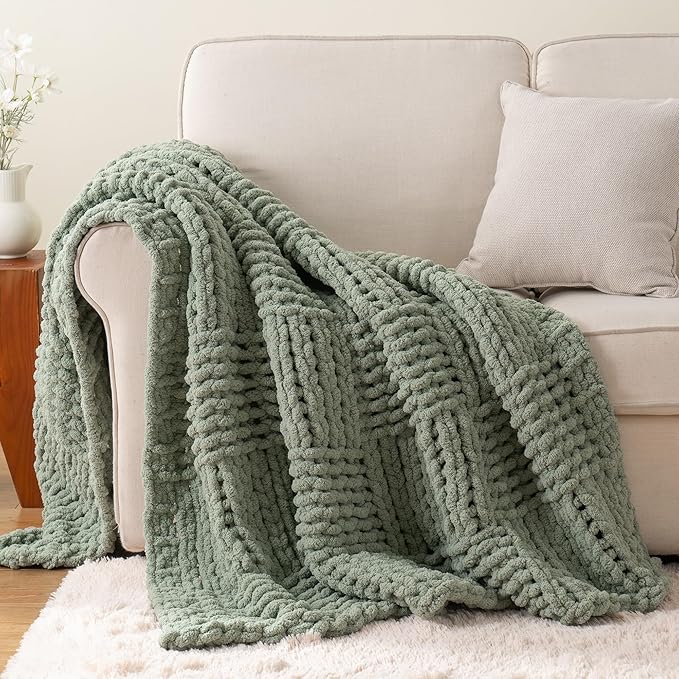 Bunnikins & Clover Sage Green Throw Blanket for Couch, Chunky Knit Blanket Throw with Chenille Yarn for Bed Living Room Home Decor, 50"x60"