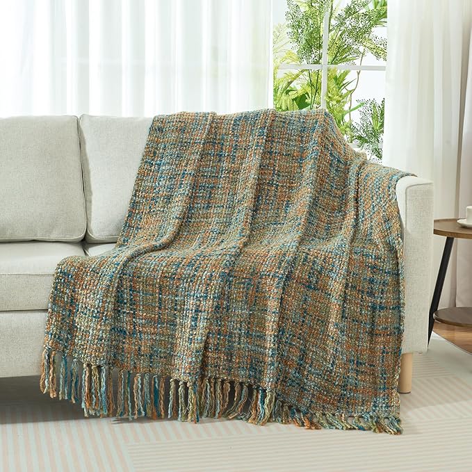 Multi-Color Gold Green Cable Woven Throw Blanket for Couch,60"X80" Boho Style Textured Blankets for Home Decor,Super Soft Warm Cozy Chunky Blanket with Decorative Tassels for Bed