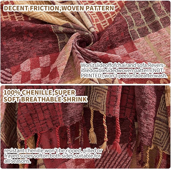 Boho Throw Blanket,Patchwork Large Blankets for Sofa Double Bed Armchair Couch,Weighted Soft Furniture Throws,Tassels Chenille Throws and Blankets for Bohemian Decor (86"*102")…