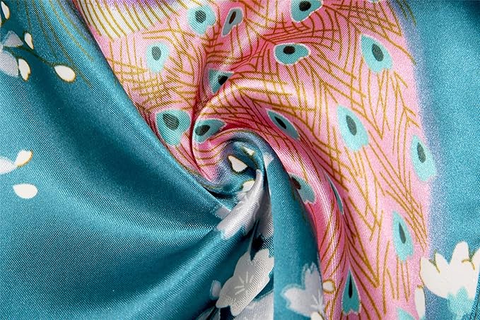 Valennia Women Long Silky Bathrobe Satin Kimono Robe Floral Printed Dressing Gown Sleepwear