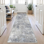 3x8 Washable Hallway Runner – Non-Slip Abstract Modern Neutral Wide Carpet Runner for Kitchen Floor, Entryway, Bedroom, Living Room – Soft Low-Pile Thin Rubber Backing（Blue Gray,3x8）