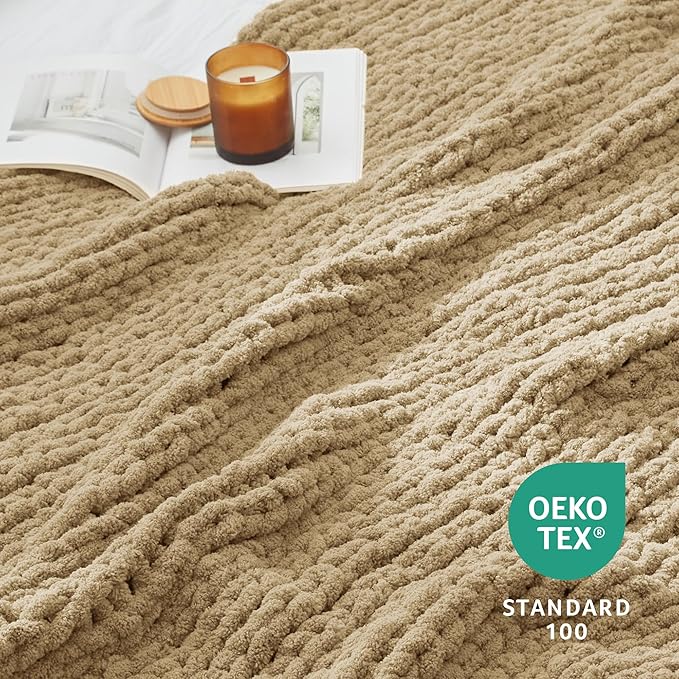 Amélie Home Chunky Knit Throw Blanket for Couch, Soft Chenille Handmade Crochet Throw Rope Knot Blanket for Couch, 50"x60", Beige