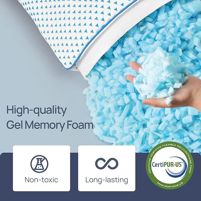 Cooling Shredded Memory Foam Travel & Camping Pillow Large, Adjustable College Dorm Pillow for Home-Like Comfort,Compressible Portable & Medium Firm Neck Support, Ideal Sleeping, Car, Airplane