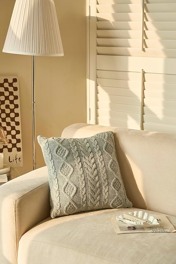 DOKOT Grey Knit Throw Pillow Cover Decorative Cable Braid and Diamond Knitting Square Warm Cushion Cover (Light Gray, (18x18 inches(45x45cm))