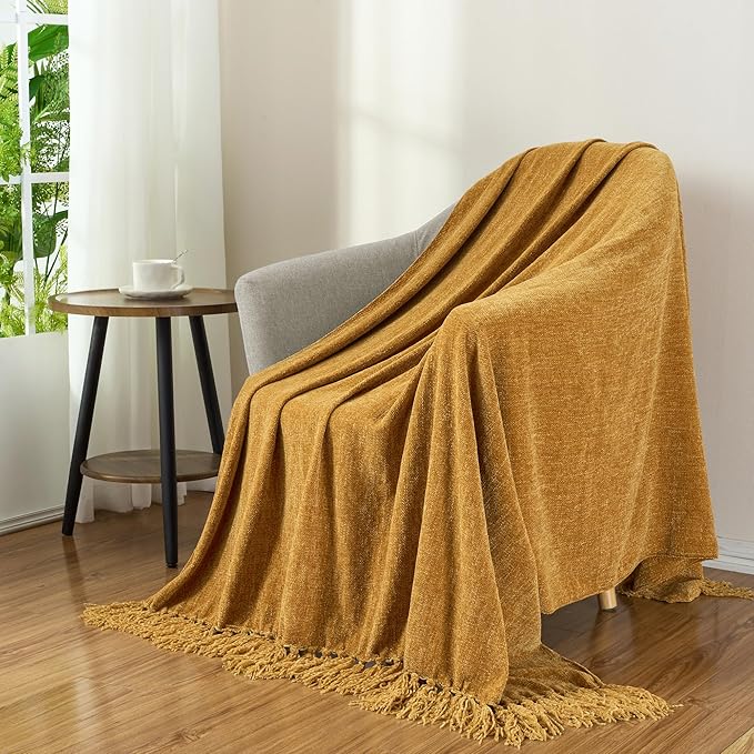 Chenille Throw Blanket for Couch with Tassels,50"X60" Soft Cozy Lightweight Knitted Boho Decorative Blankets for Bed and Sofa,Yellow