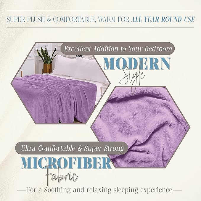 Elegant Comfort Luxury Velvety Feel Blanket, All-Season Lightweight Blanket, Ultra Plush, Soft, Cozy-Fuzzy Flannel Fleece for Couch, Sofa, Bed, Travel, Solid Design, King/California King, Lavender