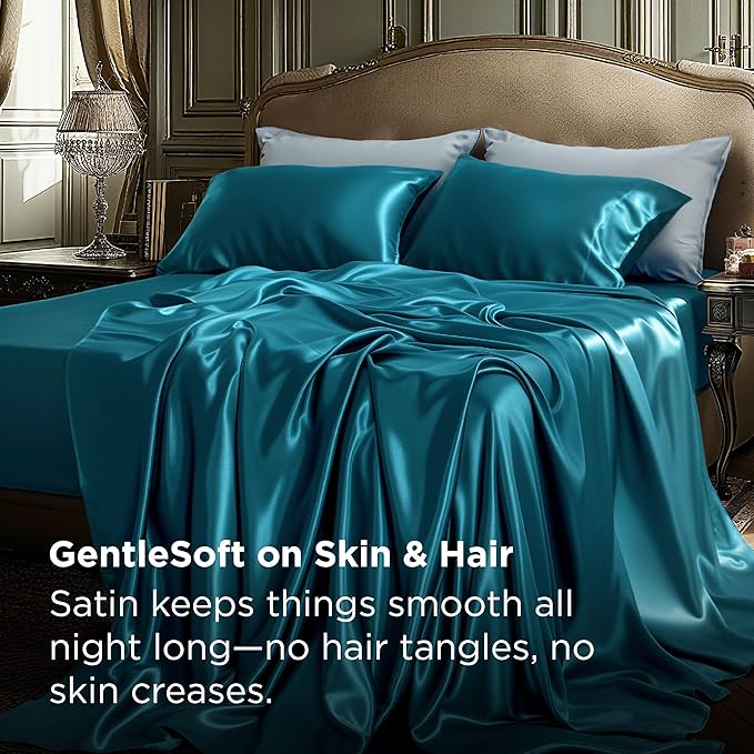 Bedsure Satin Sheets Full Size - 4 Piece Silky Bedsheets with 15 Inches Deep Pocket Fitted Bedsheet,1 Flat Sheet, 2 Satin Pillowcases, Good for Hair & Skin (Full, Teal)