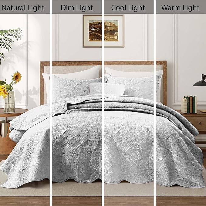 IR Imperial Rooms Twin Quilt Bedding Set Size (68” x 86”) + 1 Pillow Shams (20” x 26” + 2”) - 2 Pcs All Season Lightweight Reversible Microfiber Coverlet Floral Embossed Quilt Bedspread (Silver)