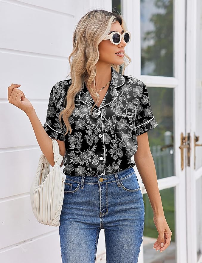 Ekouaer Womens Silk Satin Pajama Sets 2 Piece Button Down Silk Pjs Shorts Sets Cute Print Short Sleeve Sleepwear S-4XL