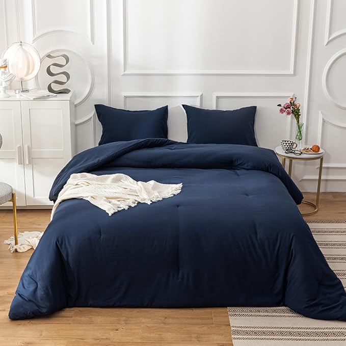 Luxlovery Navy Blue Comforter Set Full Men Boys Dark Blue Bedding Comforter Sets Navy Comfy Soft Blanket Quilts Cozy Breathable Solid Hotel Quality Bedding Comforter Set with 2 Pillowcase