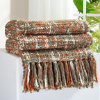 Multi-Color Orange Cable Woven Throw Blanket for Couch,60"X80" Boho Style Textured Blankets for Home Decor,Super Soft Warm Cozy Chunky Blanket with Decorative Tassels for Bed and Sofa