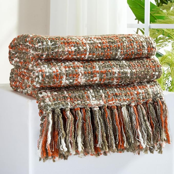 Multi-Color Orange Cable Woven Throw Blanket for Couch,60"X80" Boho Style Textured Blankets for Home Decor,Super Soft Warm Cozy Chunky Blanket with Decorative Tassels for Bed and Sofa