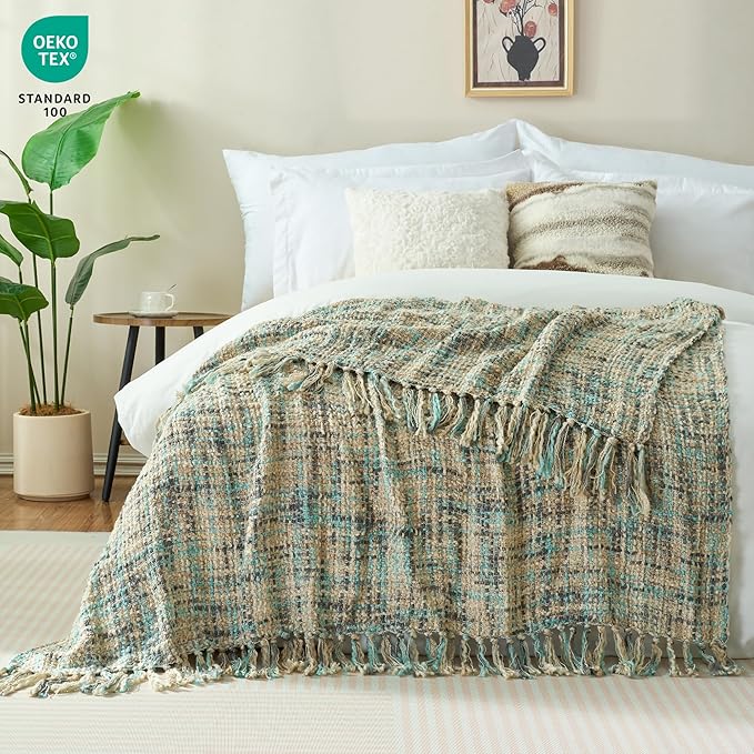 Multi-Color Blue Grey Cable Woven Throw Blanket for Couch,50"X60" Boho Style Textured Blankets for Home Decor,Super Soft Warm Cozy Chunky Blanket with Decorative Tassels for Bed