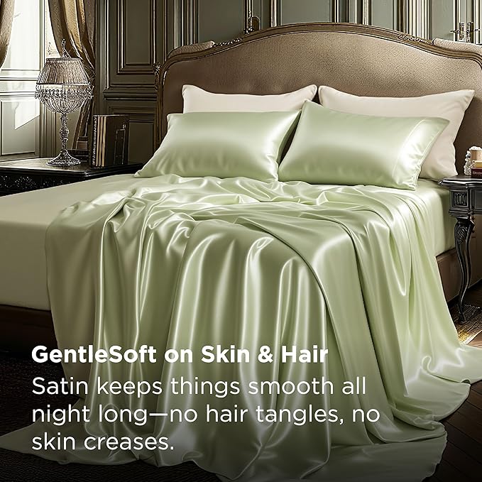 Bedsure Satin Sheets Full Size - 4 Piece Silky Bedsheets with 15 Inches Deep Pocket Fitted Bedsheet,1 Flat Sheet, 2 Satin Pillowcases, Good for Hair & Skin (Full, Light Green)