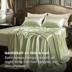 Bedsure Satin Sheets King Size - 4 Piece Silky Bedsheets with Elastic Corner Straps and 15 Inches Deep Pocket Fitted Bedsheet,1 Flat Sheet, 2 Satin Pillowcases, Good for Hair &Skin (King, Light Green)
