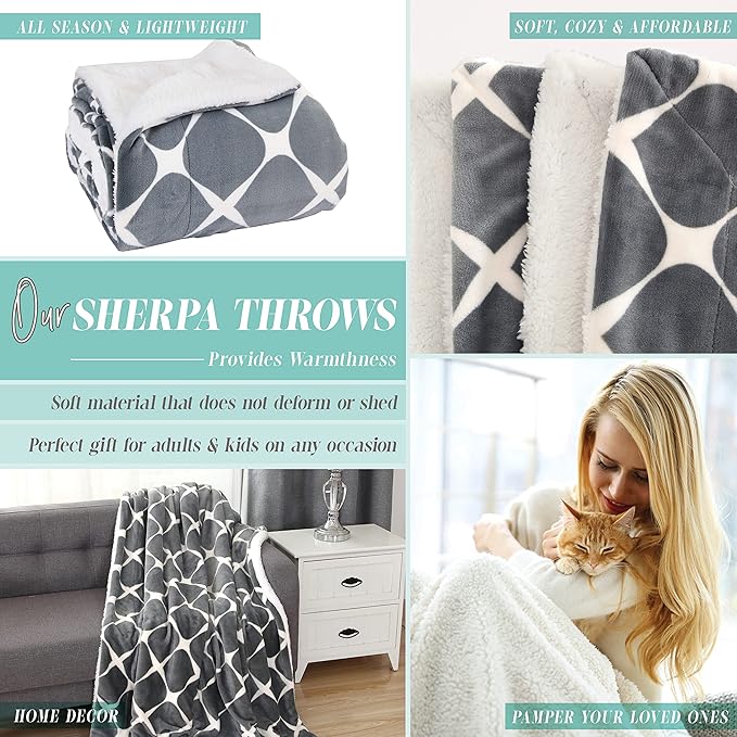 Elegant Comfort Throw Blanket, Reversible Sherpa Flannel, Ultra-Soft, Fuzzy, Cozy and Plush- All Season Lightweight Decorative Throw, 50 x 60 inches, Ogee Pattern Sherpa Throw, Silver Gray